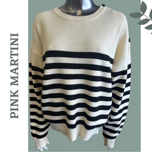 Pink Martini Crew Neck Sweater Pullover Button Detail Stripe Cream Black Size XL - Picture 5 of 9
